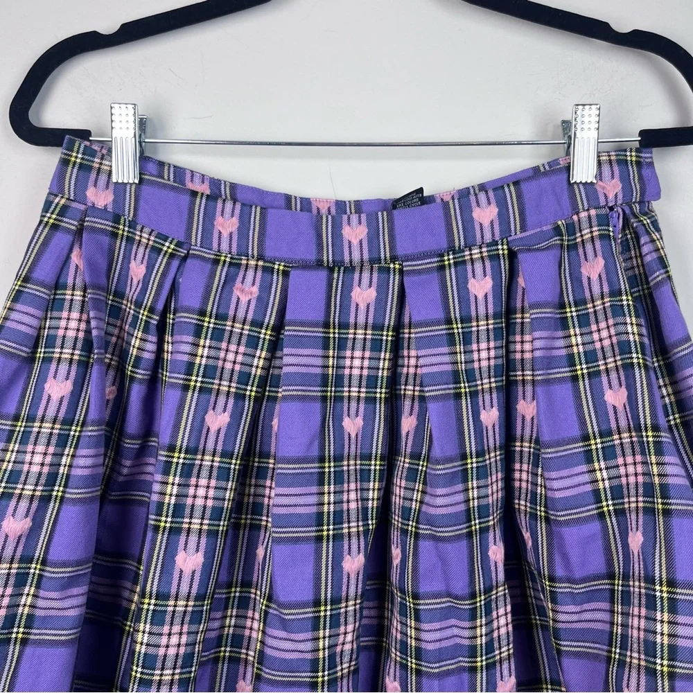 HOT TOPIC Skater Purple Plaid Pink Embroidery Hearts School Girl Skirt Large